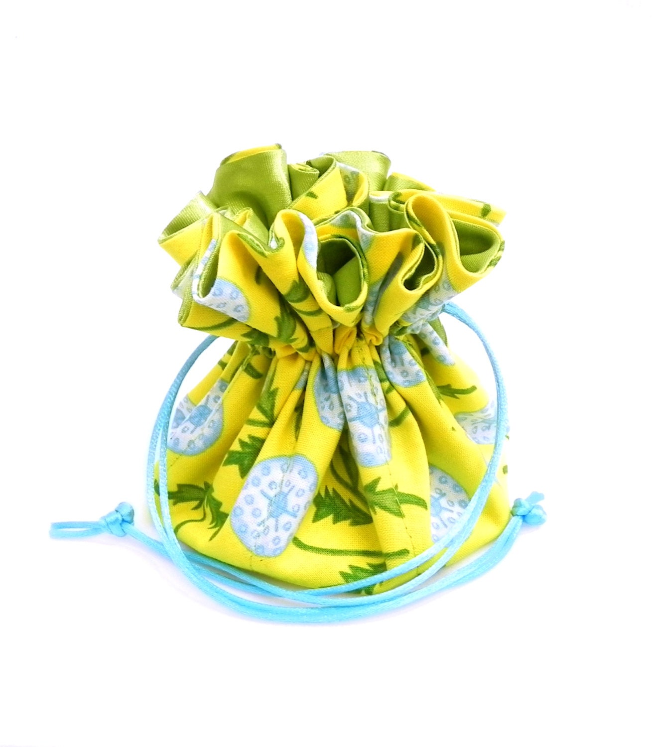 Drawstring Jewelry Pouch - Yellow, turquoise and green thistles floral travel bag