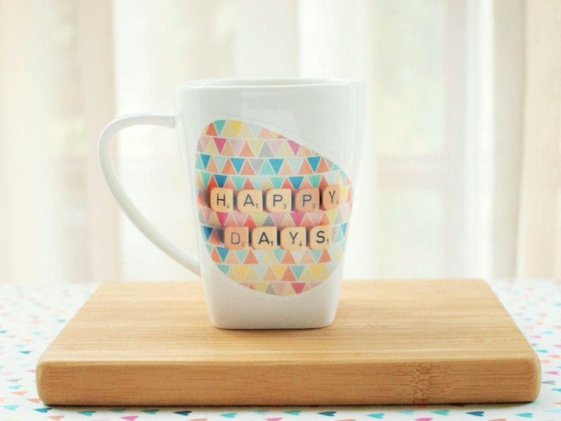 Happy Days Coffee Mug. Housewares. Birthday Gift. Life Quote. Kitchen. Tribal Geometric. Colorful. Scrabble Dice.