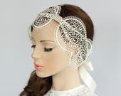Lacy Bridal Fascinator Head Piece in Venetian Lace with Rhinestone Accent II. Handmade