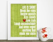 Life is Short Digital Typography Art Print Poster Green Leaves Red Heart