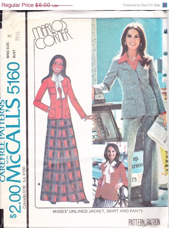 SALE McCall's 5160 Womens 1970s Sewing Pattern Blazer Jacket Flare Leg Pants and Full Length Skirt Sizes 8  Bust 31.5"