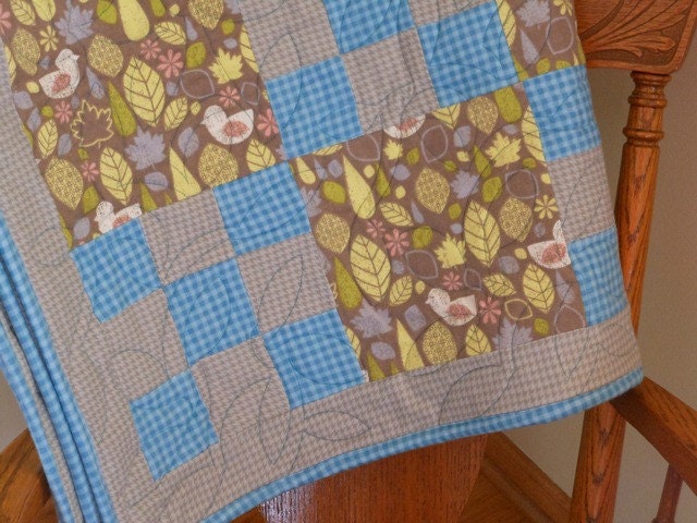 Geometric Blue, Gray, Green and Yellow Patchwork Flannel Lap or Baby Quilt Blanket