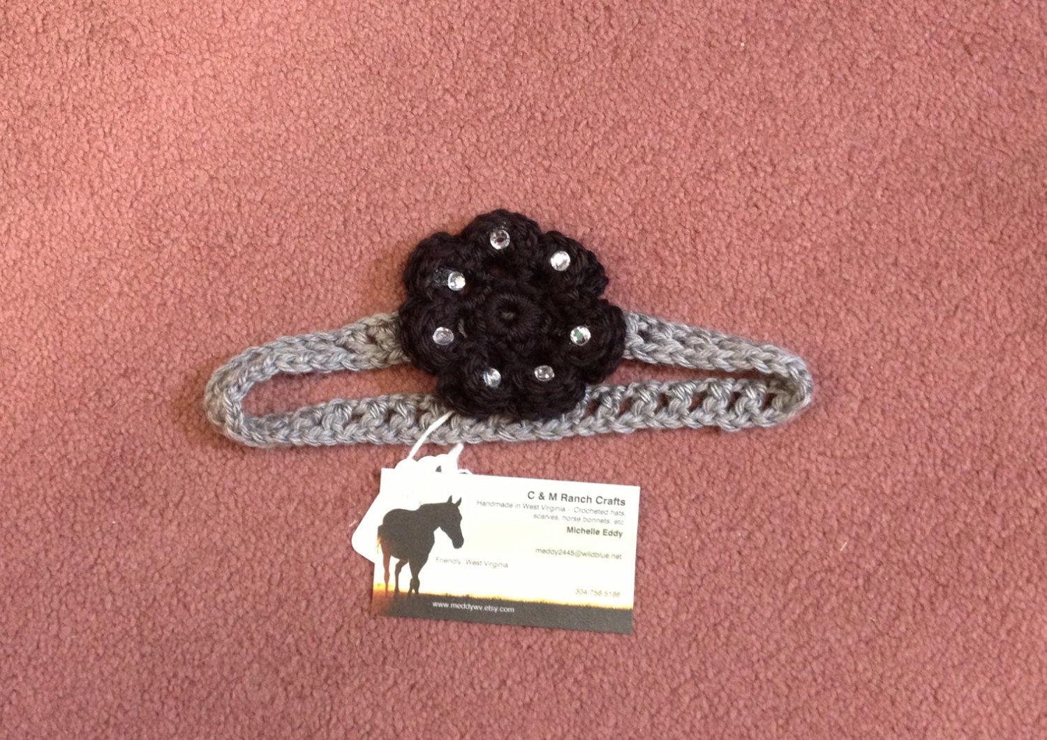 SALE - Baby girls black and gray headband with Flower and rhinestones