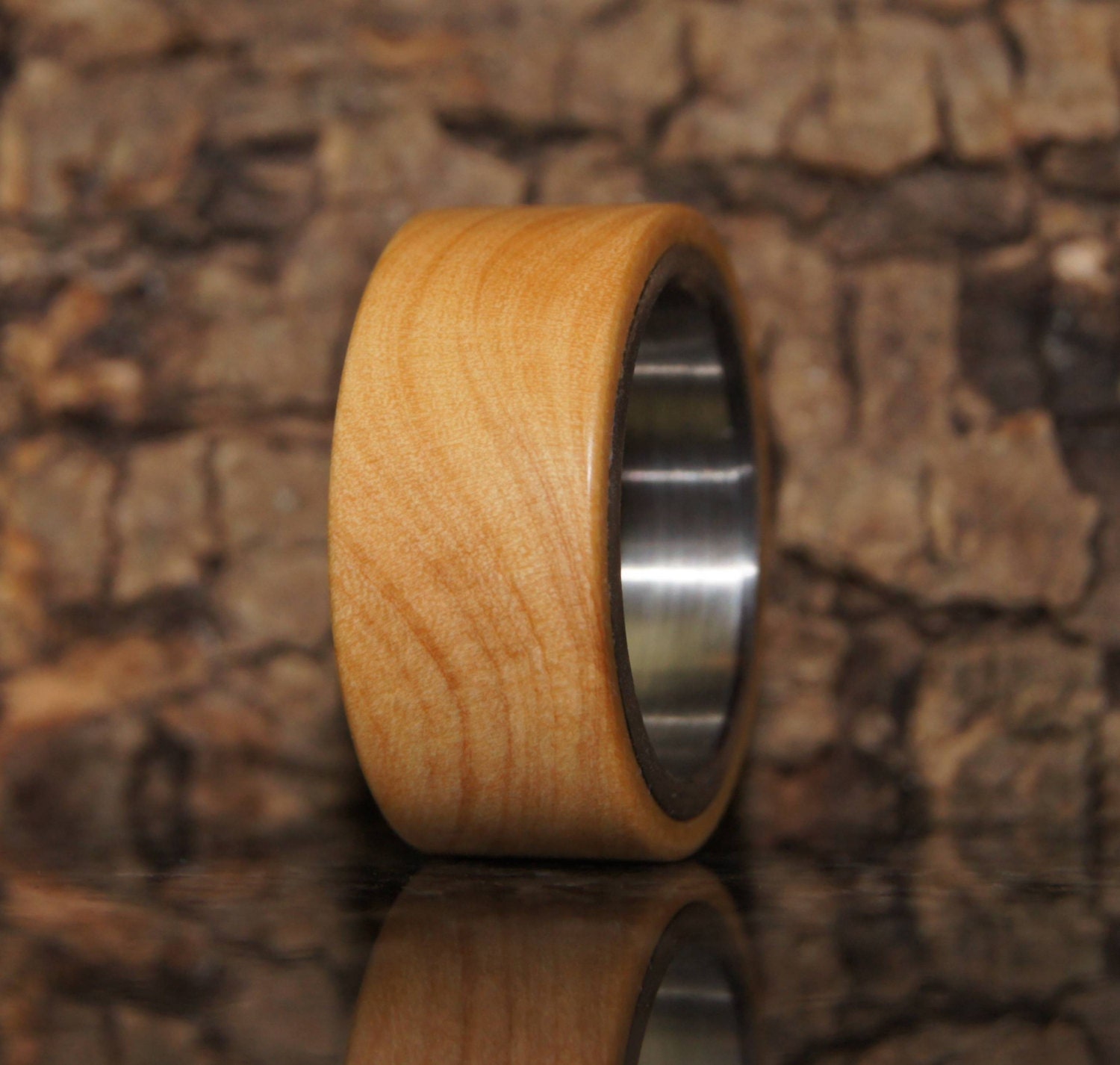 Wood Ring Size 8 - olive wood and stainless steel ring
