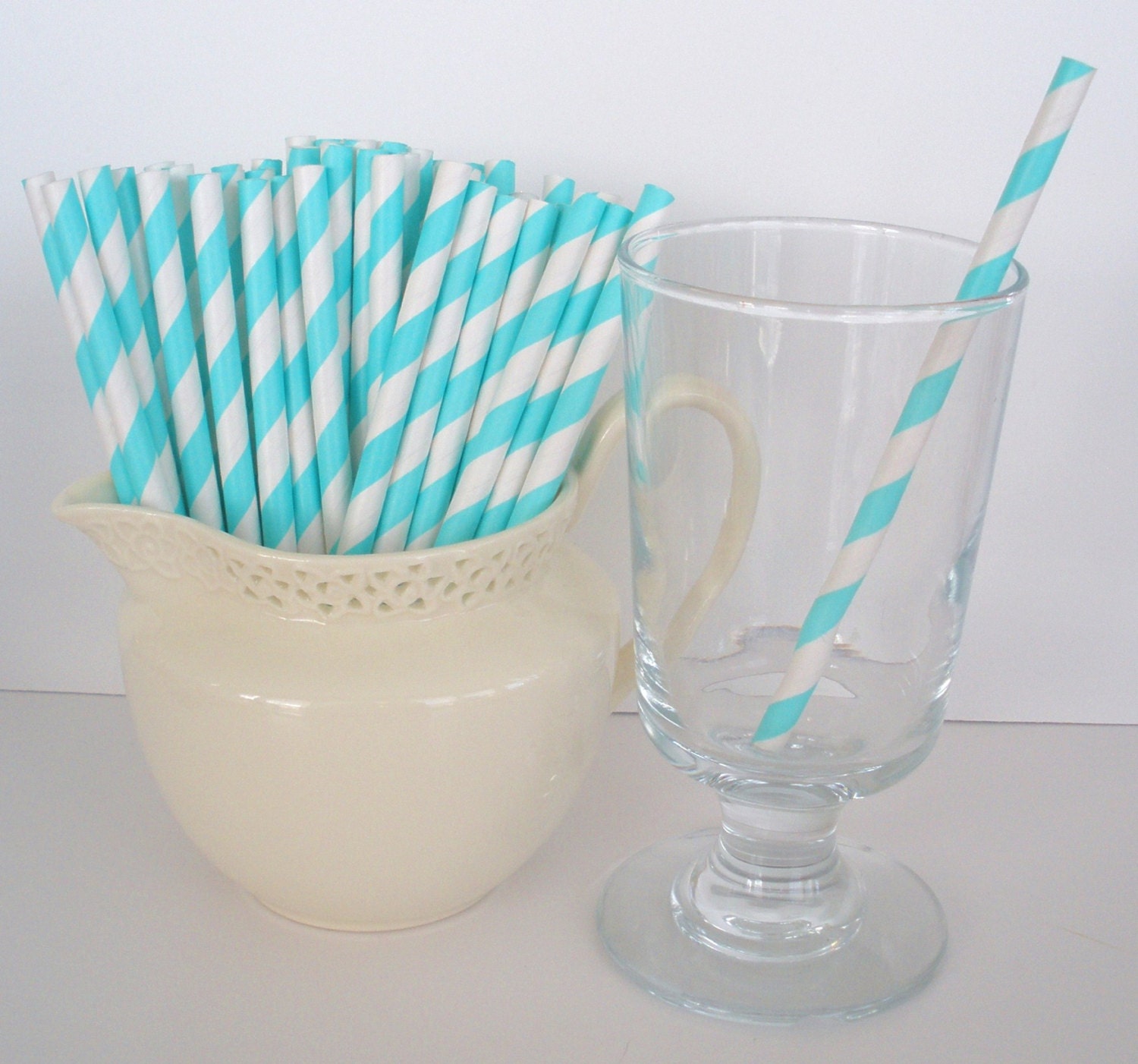 COCKTAIL PAPER STRAWS...25 ct...Aqua Blue Stripe Paper Drinking Straws..5 1/2"... Cake Pop Sticks Birthdays Parties Weddings