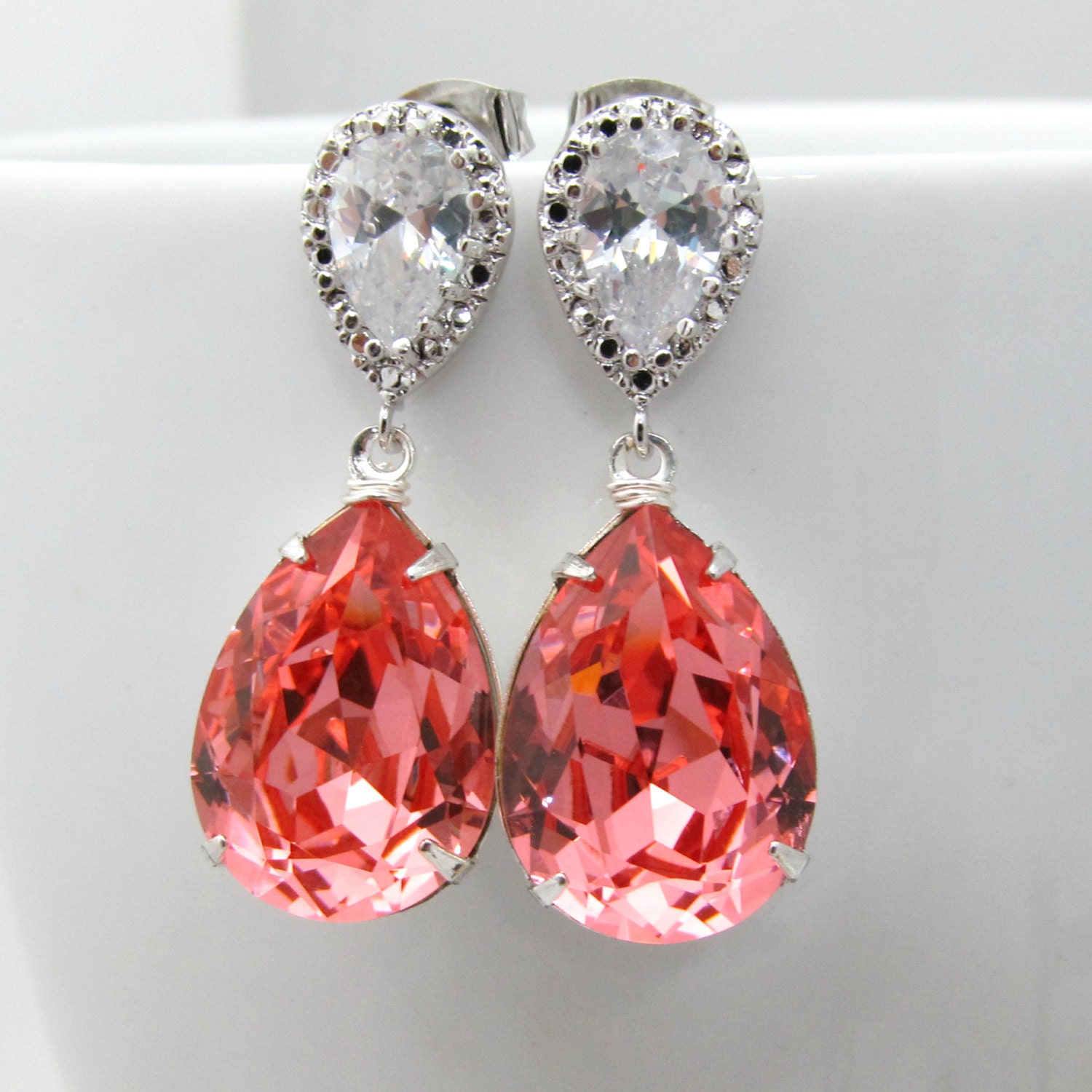 Peach Earrings Swarovski Crystal Teardrop Rose Peach Earrings Cubic Zirconia Sterling Silver Post Bridesmaid Pink Peach Salmon Coral Jewelry
