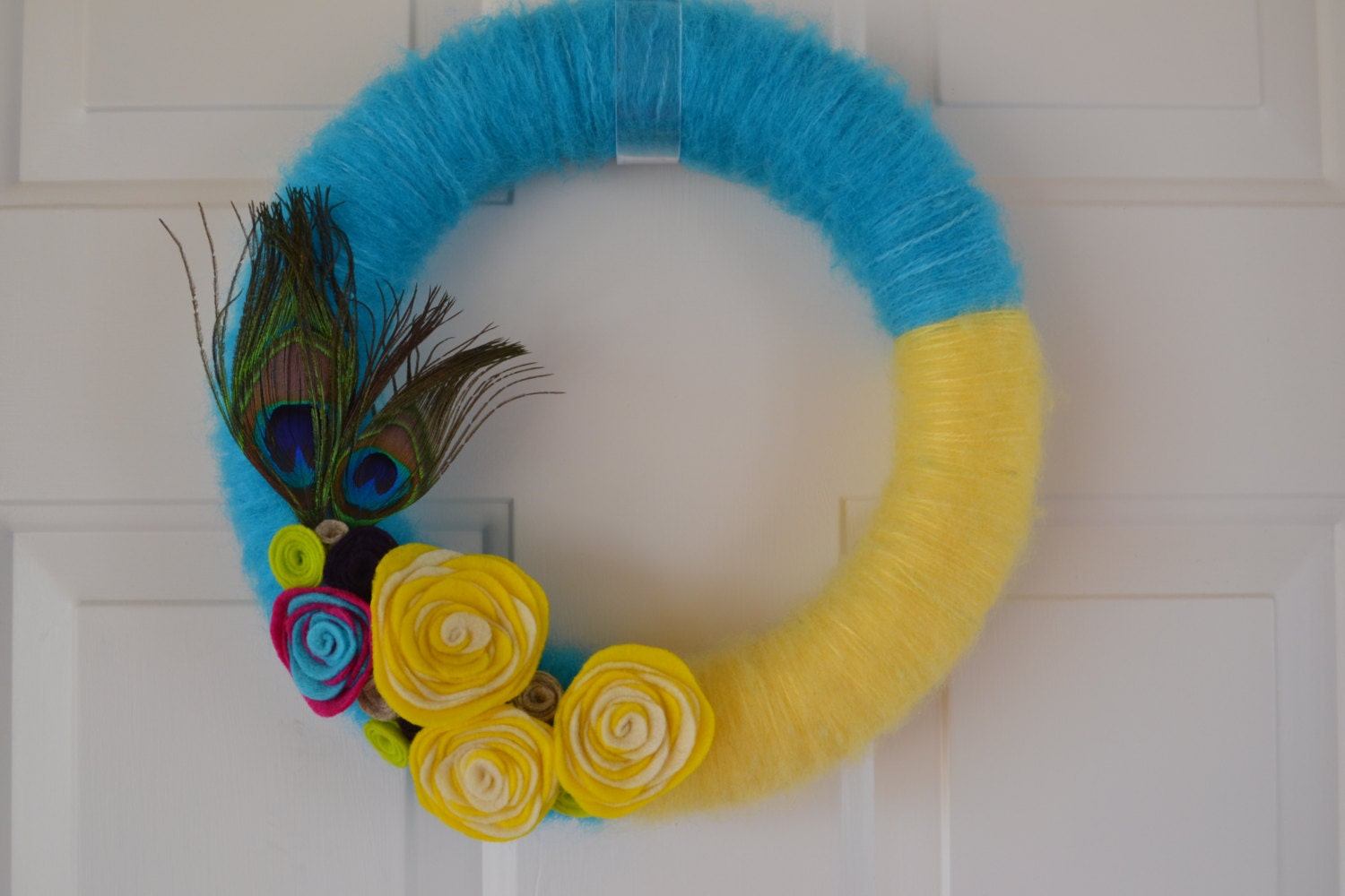 Teal and Yellow Peacock Yarn Wreath 12 inch