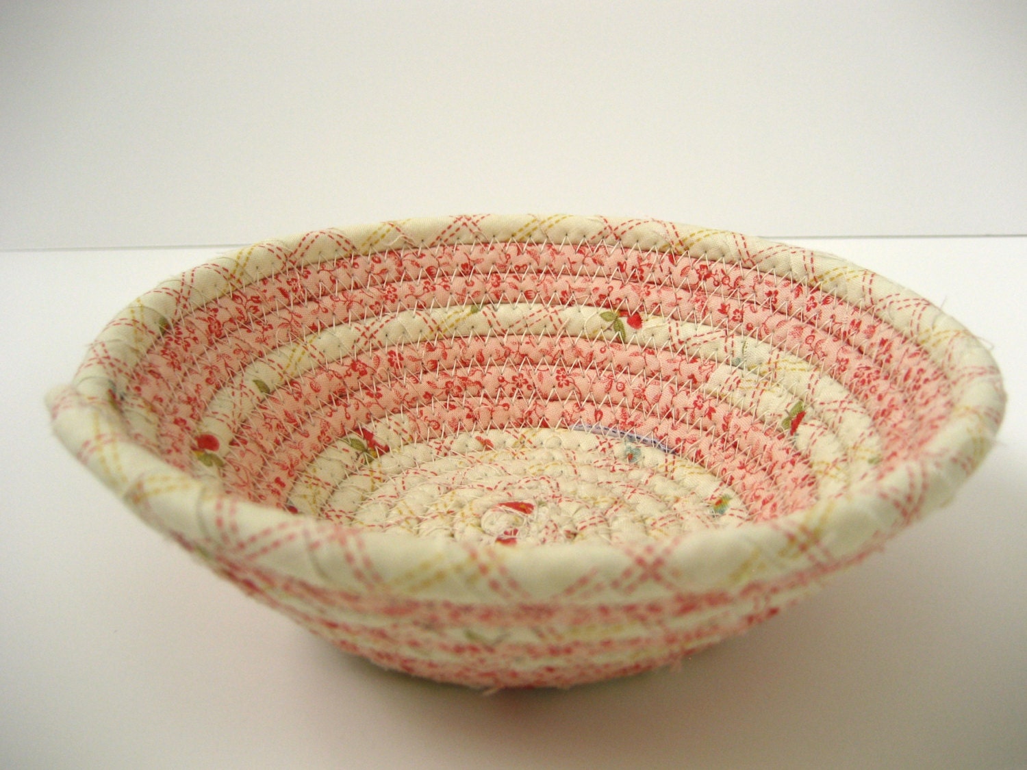 Fabric Basket Bowl Multi Purpose Coiled Handmade Shabby Chic Cotton Rose Pink and Cream