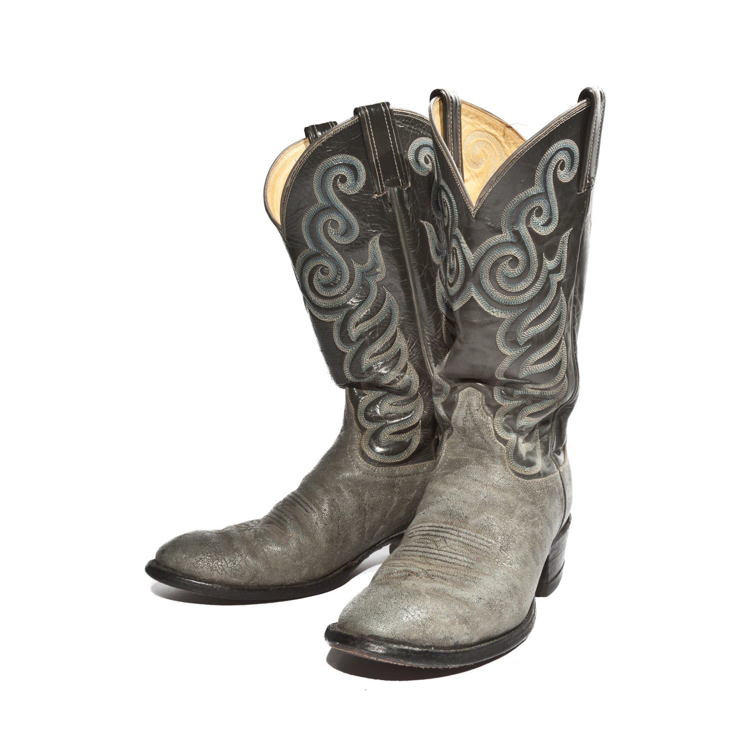 Tony Lama Cowboy Boots Elephant Skin Gray with Blue Fancy Western Stitch Men size 8 1/2 D - RabbitHouseVintage