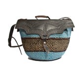Blue Sisal Bag Black Tooled Leather Market Tote Woven Straw Purse