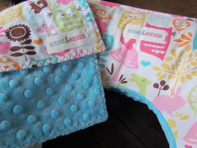 Boppy Style Pillow Cover and Burp Rag Set- Sweet Outdoors with Light Turquoise Minky Dot- READY TO SHIP
