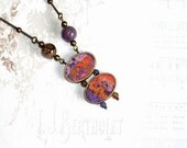 Felt Necklace Pendant orange purple violet silk  with amethyst bead OOAK