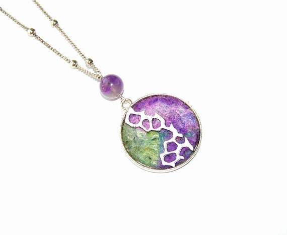 Felt Necklace Pendant with amethyst bead purple green  OOAK