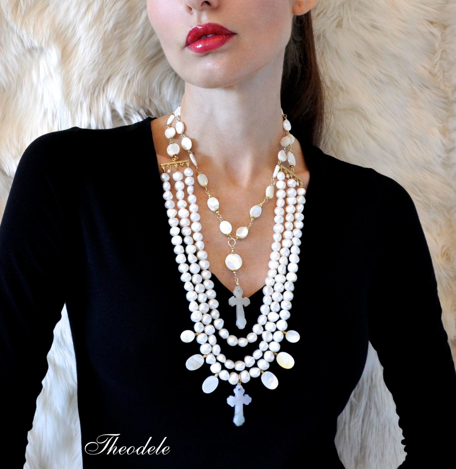 MultiStrand Pearl & Mother of Pearl, Jade Cross Necklaces