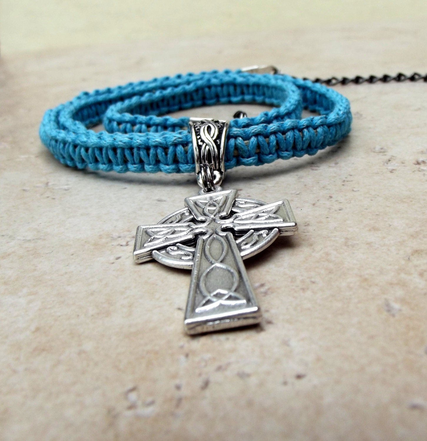Men's Celtic Cross Necklace:  Neon Turquoise Blue Macrame Cord Unisex Jewelry, Father's Day