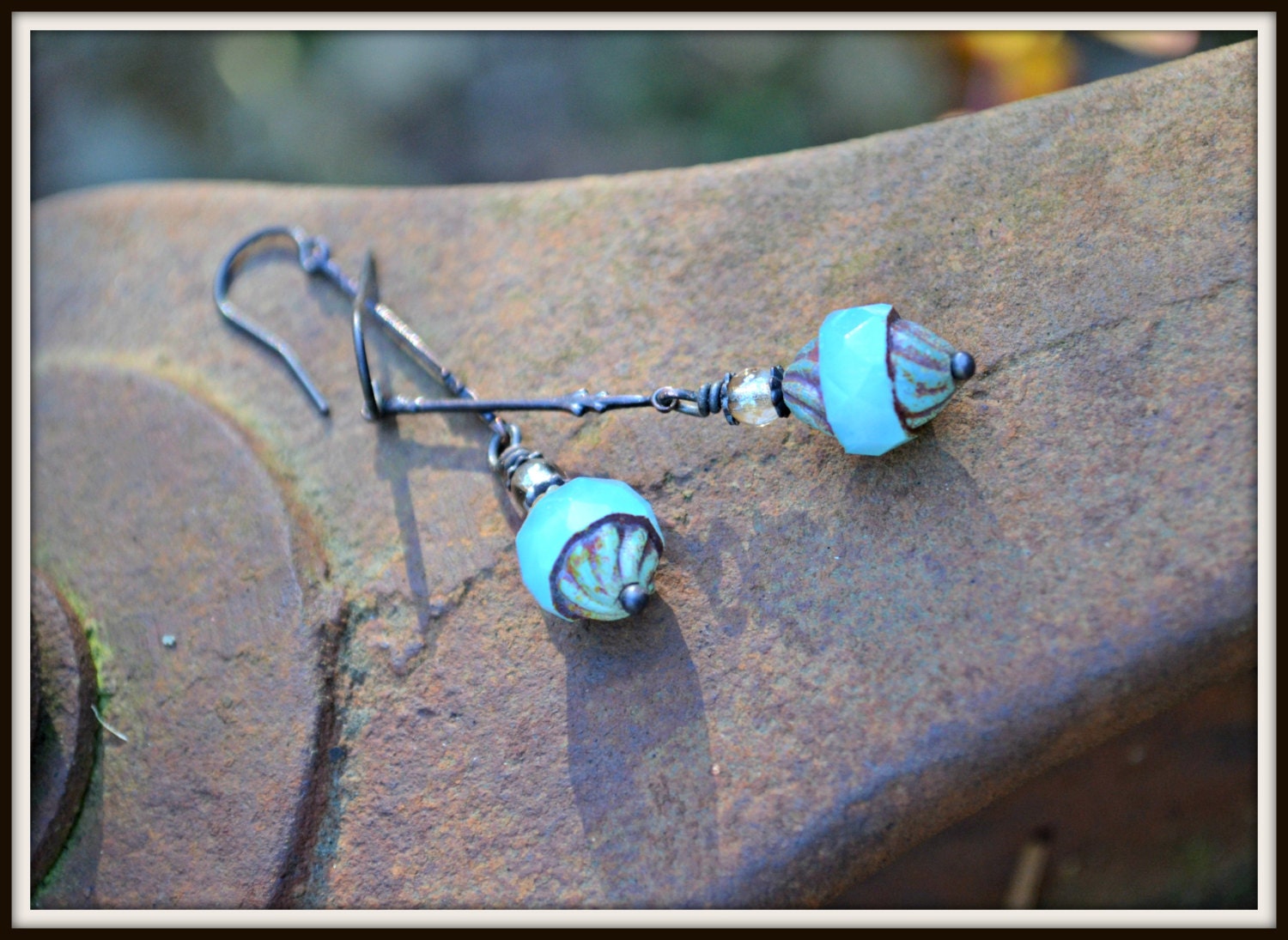 Milky Blue Glass Earrings Czech Glass and Bronze Art Deco dangle earrings