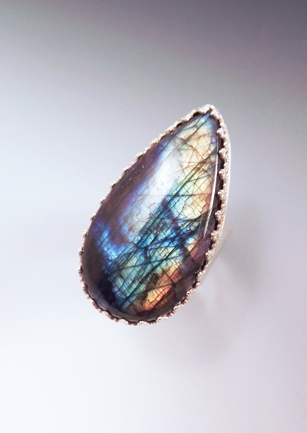Rainbow Labradorite- Hammered Sterling Silver -Antique Style- One of a Kind Statement Ring