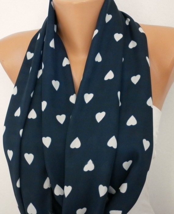 Heart Scarf Infinity Scarf Shawl Circle Scarf Loop Scarf Gift - for her - LOVE - White Heart  Navy Blue Scarf