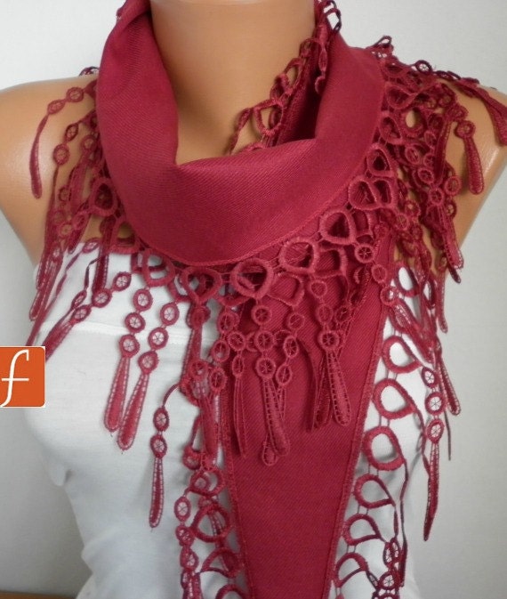 Burgundy Scarf - Wine Scarf Pashmina Scarf Cowl Scarf with Lace Edge - bridesmaid gift - fatwoman