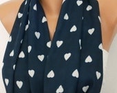 BIG SALE Heart Scarf Infinity Scarf Shawl Circle Scarf Loop Scarf Gift - for her - LOVE - White Heart  Navy Blue Scarf