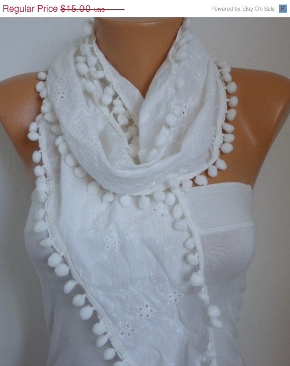BIG SALE Summer Scarf Shawl - Cotton Wedding  Scarves - Cowl with Lace Edge - White