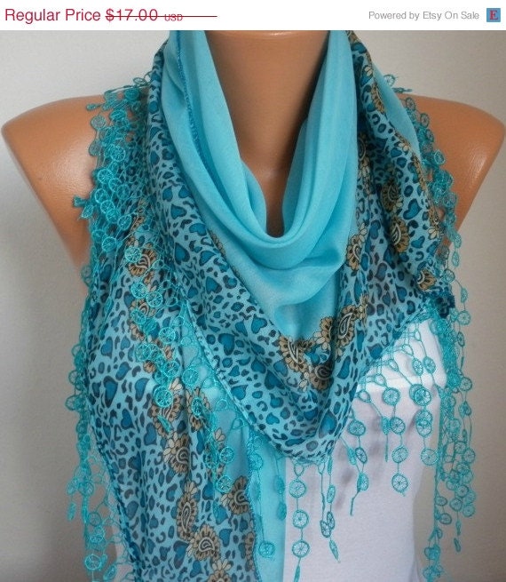 BIG SALE Turquoise Scarf Shawl  -  Cotton Scarf  Bridesmaid gift Weddings Scarves -  Cowl  with  Lace Edge
