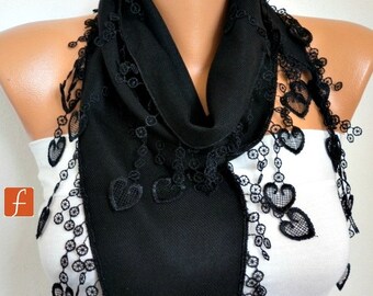 Black Heart Scarf Pashmina  Scarf  -  Cowl Scarf  - LOVE - fatwoman