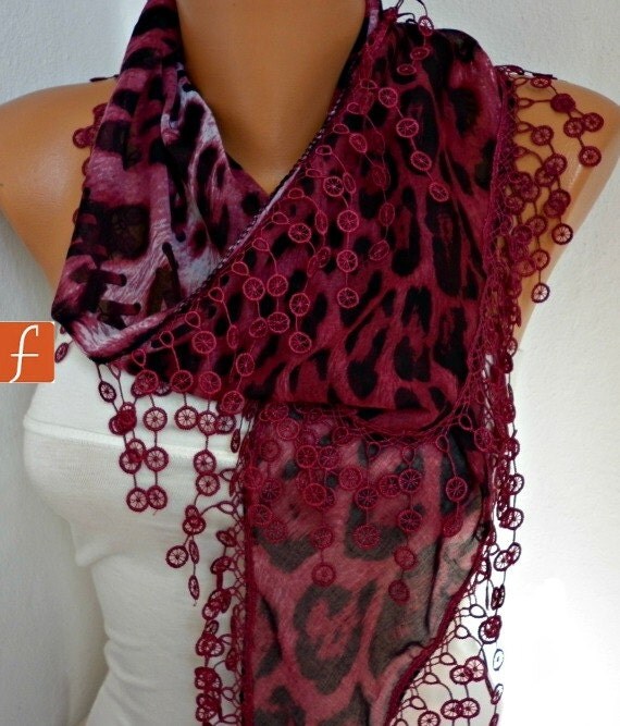 Burgundy  Leopard  Scarf  -  Cowl Scarf  Cotton Scarf  - fatwoman