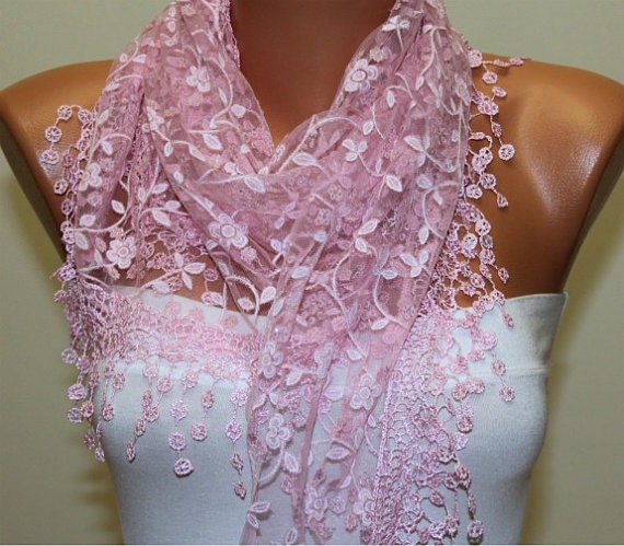 Women Shawl Scarf - Cowl Scarf - Lace Scarf -Pink - fatwoman
