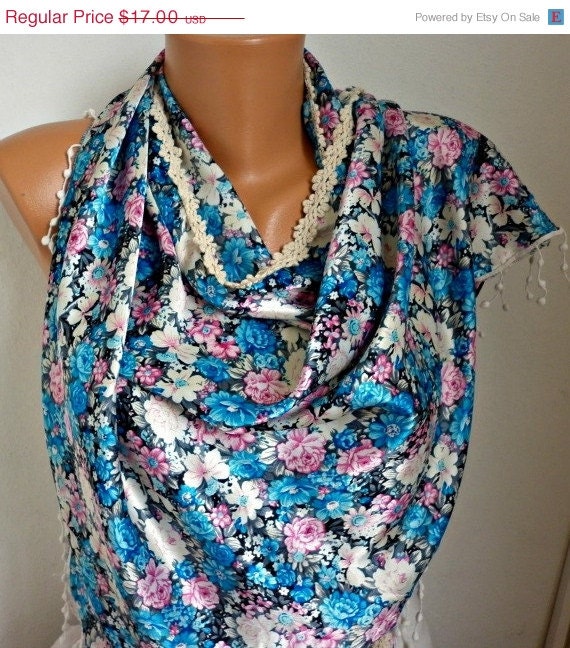 BIG SALE Women  Scarf -  Cowl with Lace - Floral Scarf