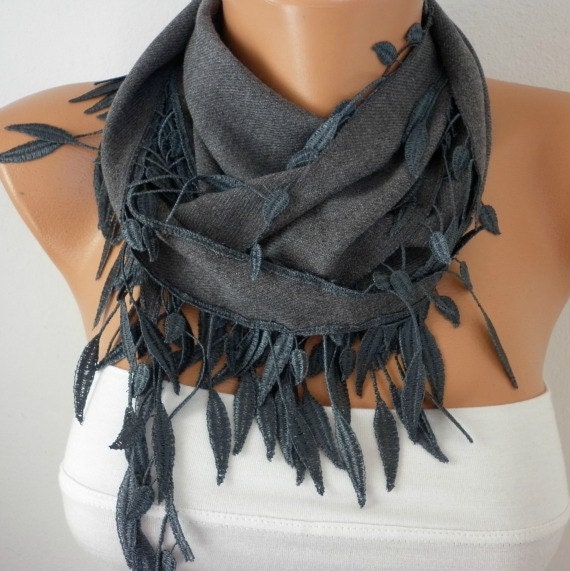 Gray Scarf  -  Pashmina Scarf  - Cowl Scarf  with Lace Edge    - fatwoman