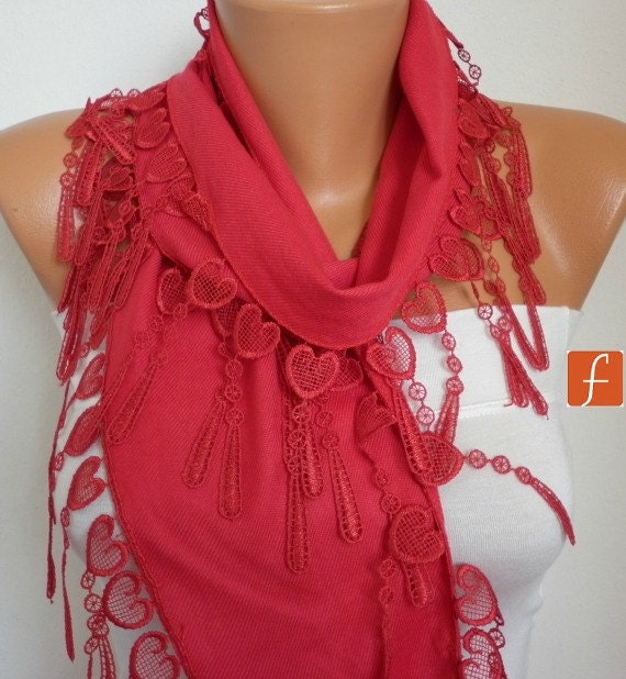 Red Scarf Pashmina Scarf Cowl Scarf with Lace Edge - fatwoman