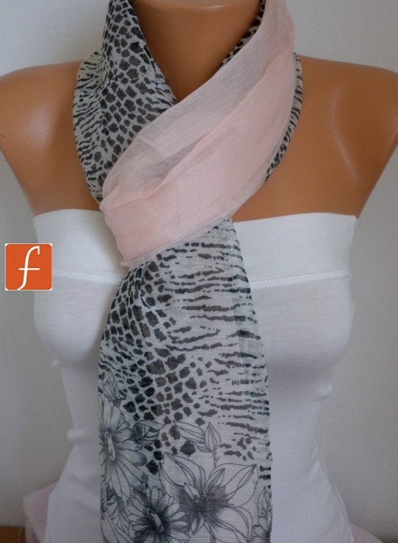 Salmon Floral Big Bow Scarf - Shawl Scarf - Cowl Scarf - Spring Summer Scarf - fatwoman