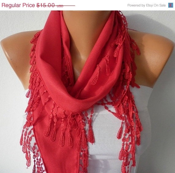 BIG SALE Red Scarf  -  Pashmina Scarf  -  Cowl Scarf with Lace Edge - fatwoman