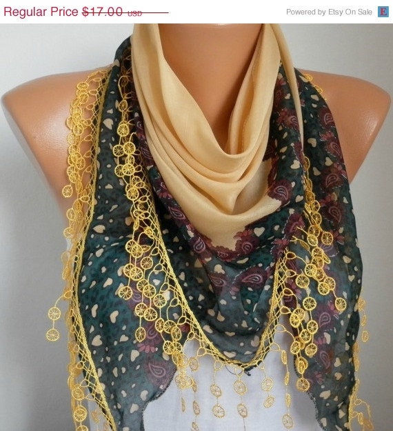 BIG SALE Scarf Shawl  -  Cotton Weddings Scarves -  Cowl  with  Lace Edge - Light  Mustard
