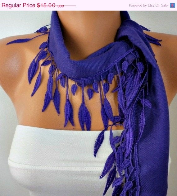 BIG SALE Purple Scarf  -  Pashmina Scarf  -  Cowl Scarf with Lace Edge - fatwoman