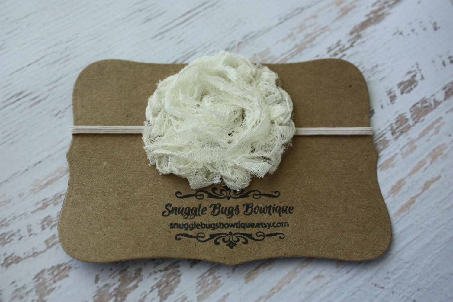 Cream Lace - Shabby Chiffon Flower -  Skinny Elastic Headband - Newborn to Adult Photo Prop