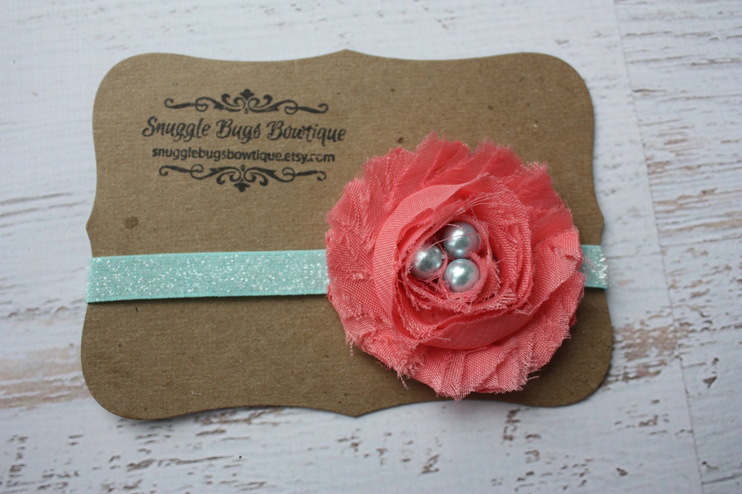 Coral and Aqua Shabby Chiffon Flower- Glitter Elastic Headband