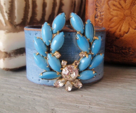 SALE Turquoise blue Leather cuff repurposed belt bracelet 'Ombre' sky water denim blue rhinestones, southwestern country beach bohemian OOAK