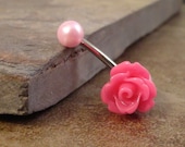 Pink Rose Flower Belly Button Ring Blush Pearl