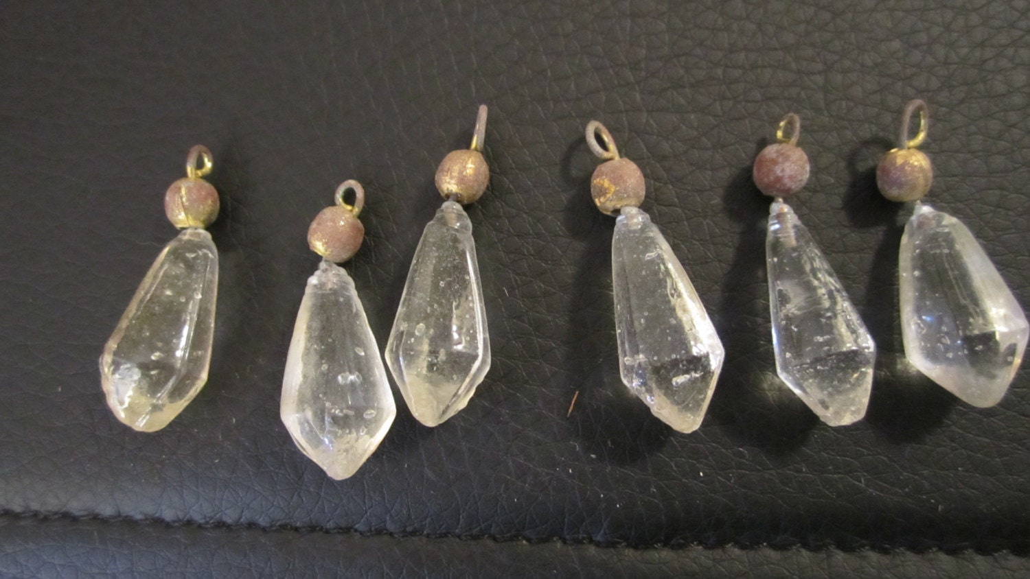 six antique glass drops chandelier pieces brass beads victorian edwardian french period dangles drops jewelry tiny arts crafts supplies