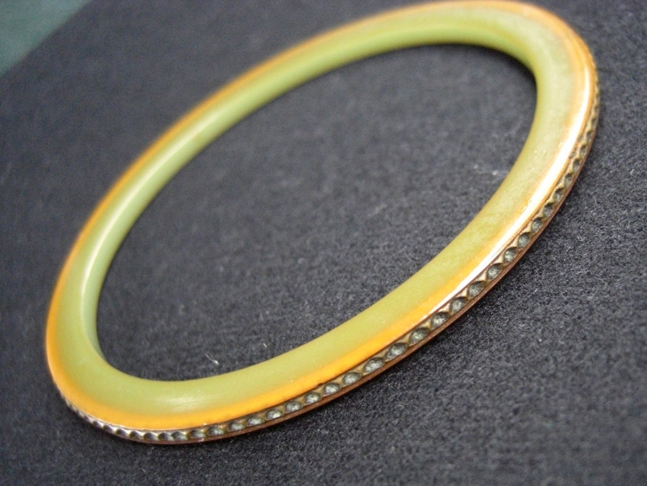 Vintage Bakelite Bangle Two-Tone Olive Green and Brown Brass Details
