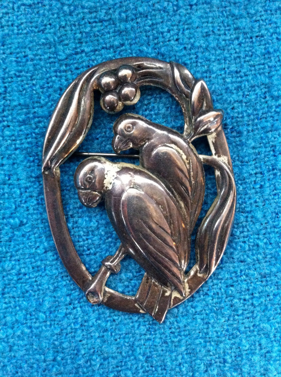 Vintage Lovebirds Brooch Sterling Silver Pin