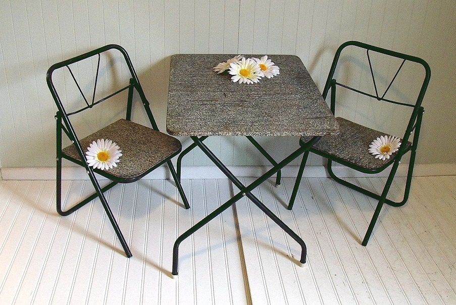 Vintage Industrial Table & Chairs Matching Set - Child Size Spattered Wood and Black Metal Furniture - Folding 3 Piece Group
