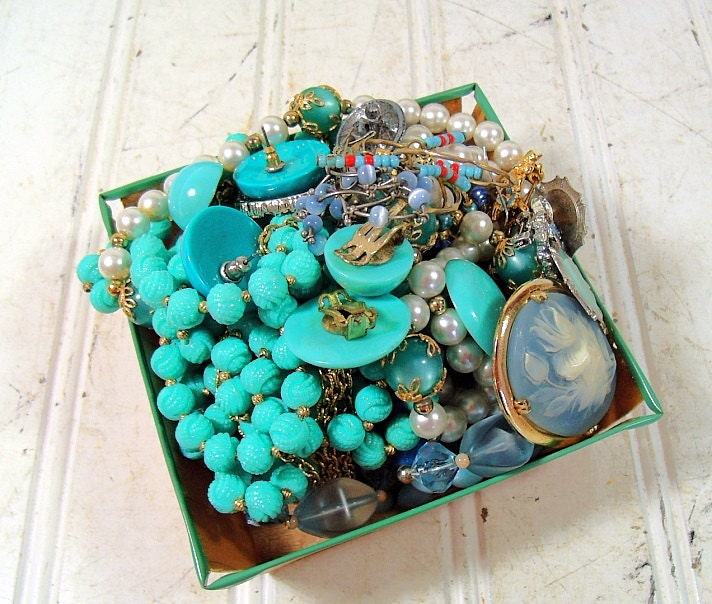 Vintage Turquoise Blues Sea Foam Greens Jewelry Collection - Baubles for Repurposing Upscaling Upcycling - Berry Basket of Supplies - DivineOrders