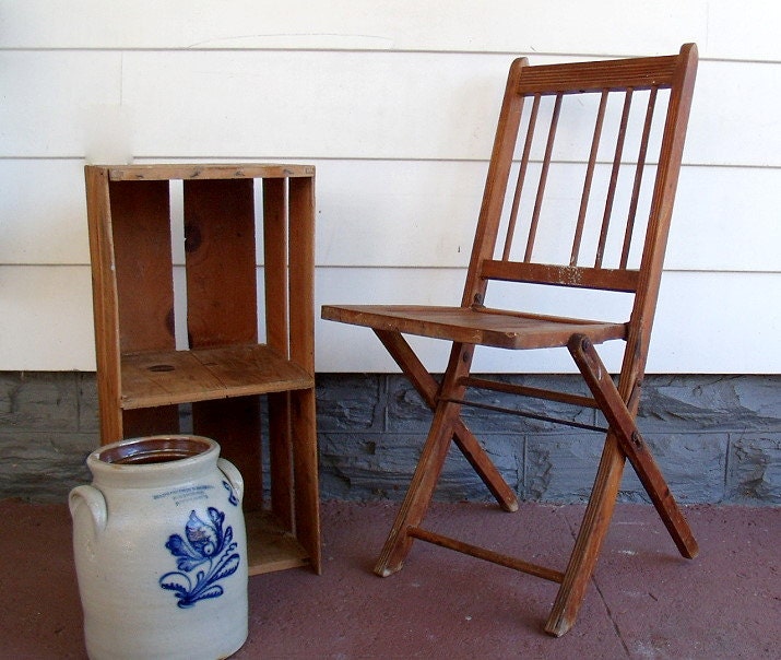 Early Wooden Folding Chair - Vintage Funeral Home Seating - Rustic Primitive Stamped Soper & Mosher