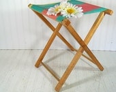 Vintage Wood and Pastel Canvas Camp Chair - Retro OutDoor Folding Stool - Shabby BoHo Chic Garden Seat