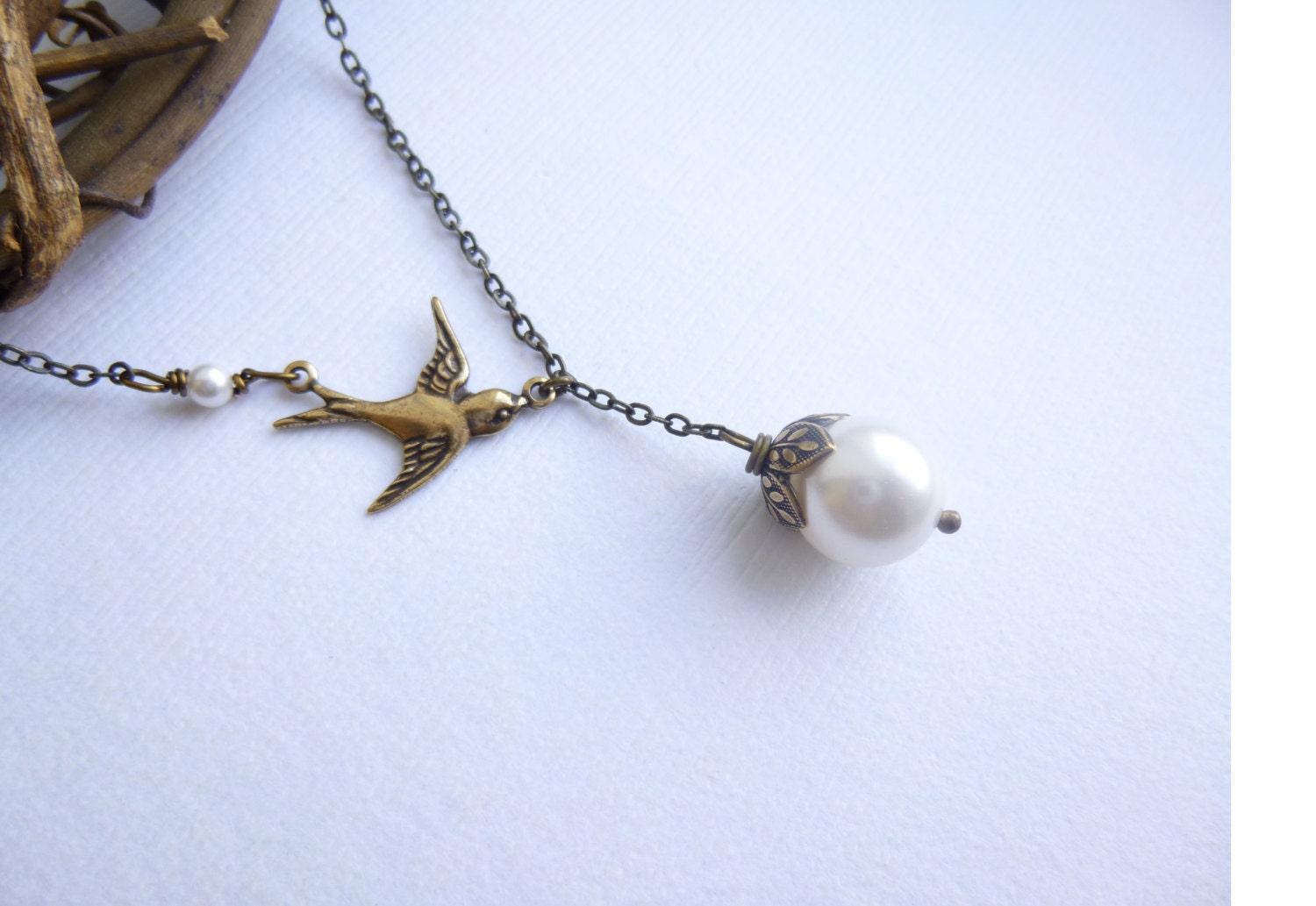 Antiqued Gold Swallow Bird with Cream Pearl -- Antiqued Brass Necklace -- Sale