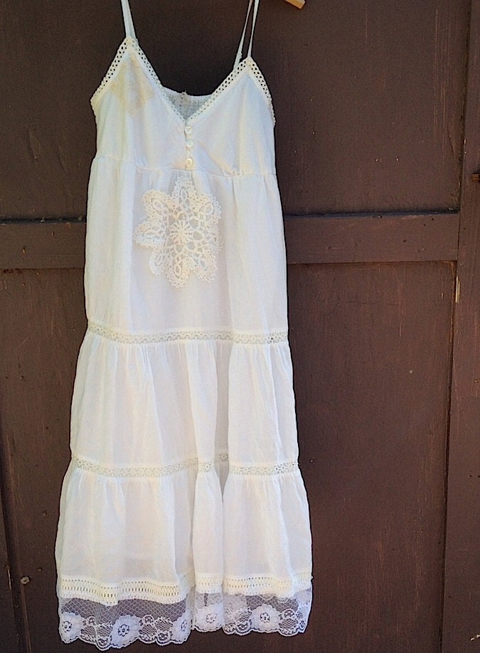 summer Prairie bride off white ecru rustic sundress wedding vintage lace doily summer mountain forest wedding