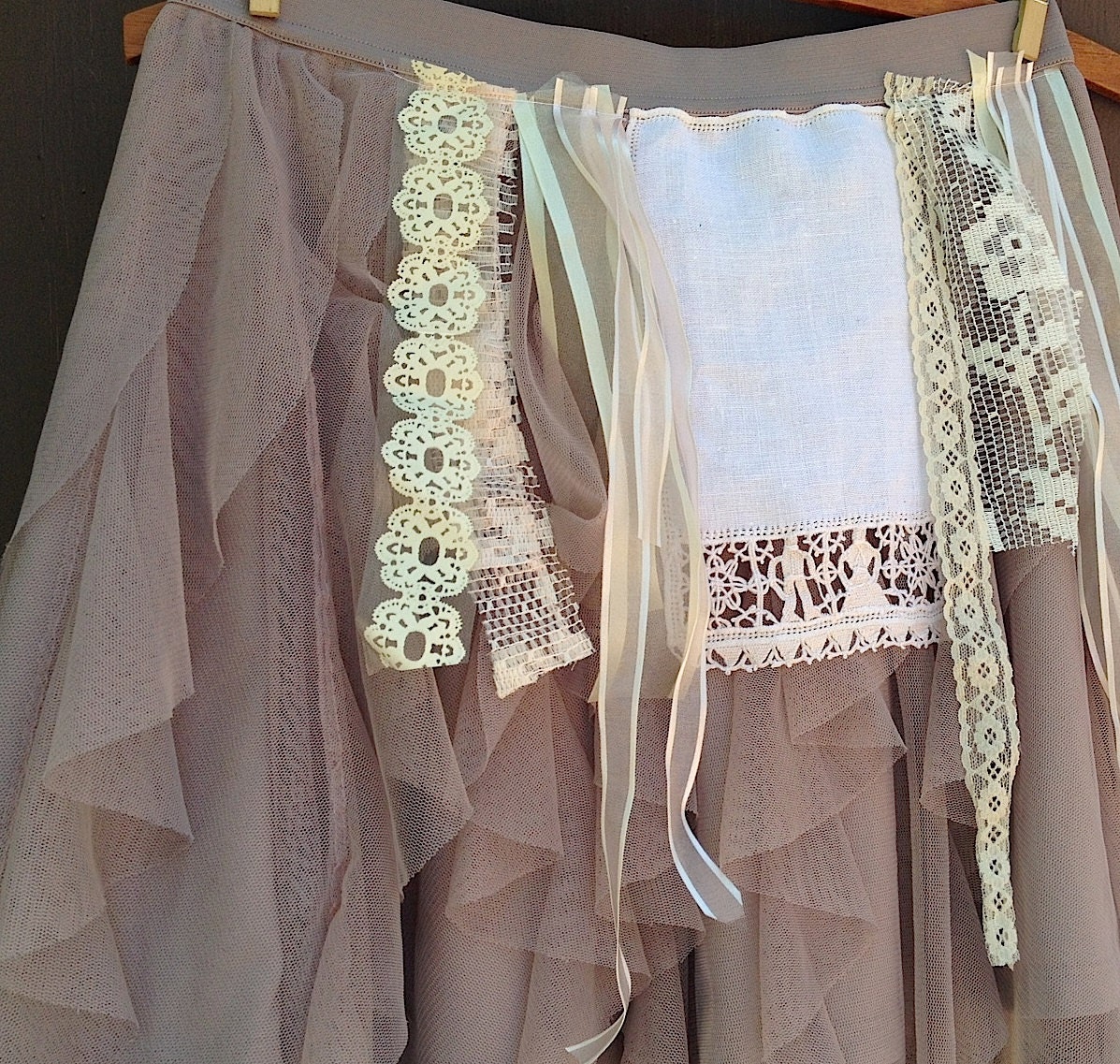 frou frou dance sing ecru taupe tulle ladies boho lace gypsy Prairie Shabby fairy tattered eco party skirt